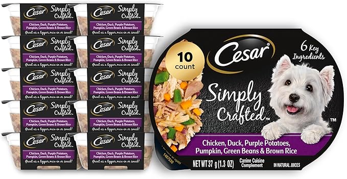 Cesar Simply Crafted Adult Wet Dog Food Toppers for Dry Food, Chicken, Duck, Purple Potatoes, Pumpkin, Green Beans & Brown Rice, 1.3 oz Tubs, 10 Count