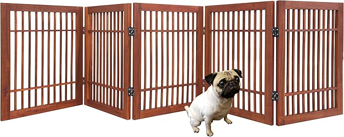 Urnporium Freestanding Wooden Dog Gate Foldable Indoor Pet Gate No Drill Expandable Barrier for Doorways Stairs Hallways Portable Wood Fence for Small Dogs & Puppies (Brown Pet Gate, 5 Panel 24" Tall)