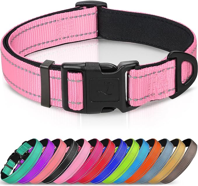 Joytale Reflective Dog Collar, Soft Neoprene Padded, Metal D-Ring, Nylon Pet Collar Adjustable for Small Dogs, Pink, S