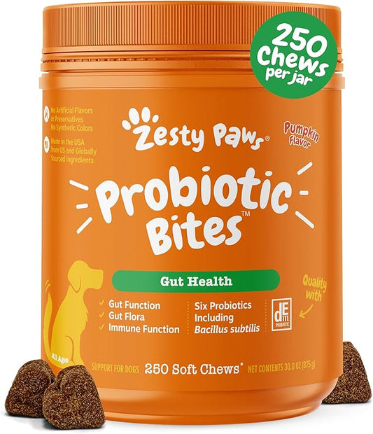 Zesty Paws Probiotics for Dogs, Digestive Enzymes Gut Flora, Digestive Health, Diarrhea & Bowel Support, DE111, Dog Probiotic Soft Chew for Pet Immune System, Pumpkin, 250 Ct