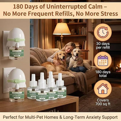 8-in-1 Dog Calming Pheromone Diffuser Kit – Pet Stress Support (2 Plug-Ins & 6x48ml Refills), Calming Diffuser for Dog During Thunderstorms, Travel, Separation, Fireworks & Vet Visits, 180-Day Supply
