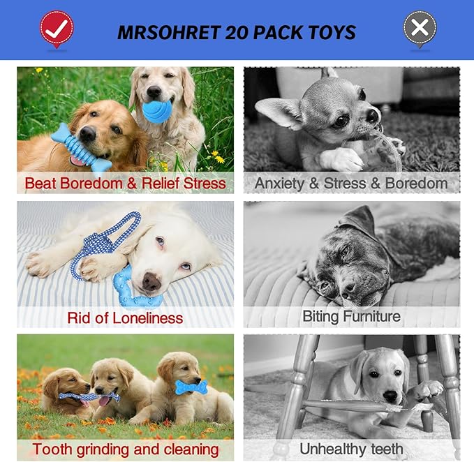 MRSOHRET Upgraded 21Pcs Puppy Chew Toys - Blue Puppy Chew Toys Bundle for Teething, Puppies Teething Toys with Durable Rope Rubber Ball, Pet Interactive Toys for Small Medium Dogs with Basket