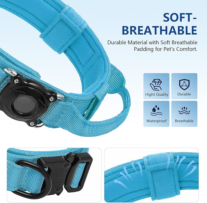 Tactical Airtag Dog Collar Waterproof - Adjustable Nylon Training Collar with Secure Airtag Holder, Control Handle & Quick-Release Buckle for Medium Large Dogs (Blue, L)