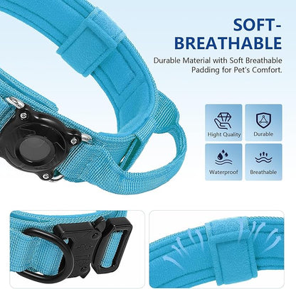 Tactical Airtag Dog Collar Waterproof - Adjustable Nylon Training Collar with Secure Airtag Holder, Control Handle & Quick-Release Buckle for Medium Large Dogs (Blue, XL)