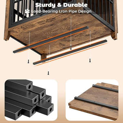 Lulive Dog Crate Furniture, Wooden Dog Kennel Indoor with Adjustable 360°& Height Dog Bowls, Double Doors Furniture Dog Crates End Table for Small/Medium 31.5" L*22.5" W*25.6" H, Brown