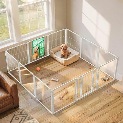 FXW AuraSpace Pro Acrylic & Wire Mesh Indoor Dog Playpen, 24" Height 12 Panels Metal Dog Pen for Puppies & Small Dogs, White│Patented