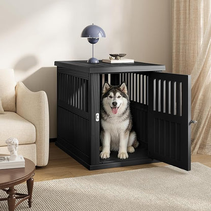 Bifanuo 40-Inch Dog Crate Furniture, Heavy Duty Dog Crate for Large and Medium Dog, Lockable Indoor Outdoor Dog Kennel & End Table, Decorative Plastic Pet Cage (Black)