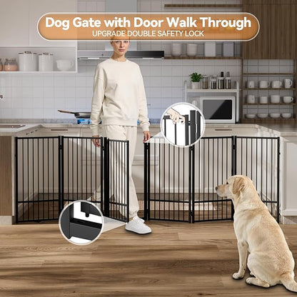 SNUOWU Full Metal Freestanding Dog Gate with Door, 36''Height Foldable Pet Dog Fence for Indoor & Outdoor, 6 Panels Extra Wide Free Standing TallDog Gates for Doorways,House,Stairs,Porch,Deck,Yard
