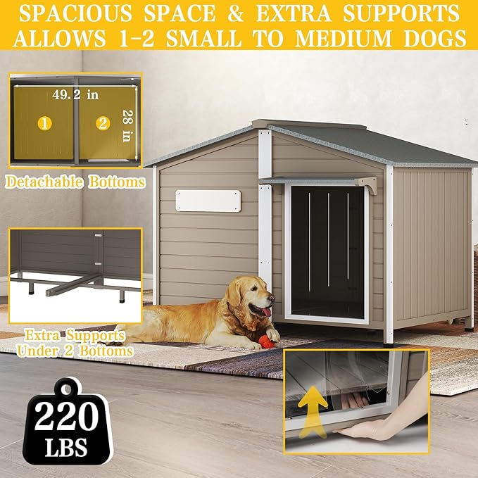 PetsCosset 55.1" L Large Dog House Outdoor & Indoor,Fir Wood Dog Kennel with Weatherproof Openable Asphalt Roof,Spacious Doghouse with Anti-Chewing Metal Edges for Small & Medium & Large Dogs,Grey