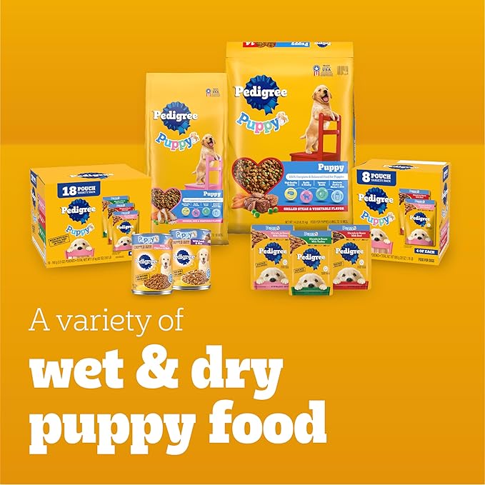 Pedigree Puppy Food Morsels in Sauce, Wet Dog Food Pouches Variety Pack, 3.5 oz. Pouches, 18 Count (Pack of 2)