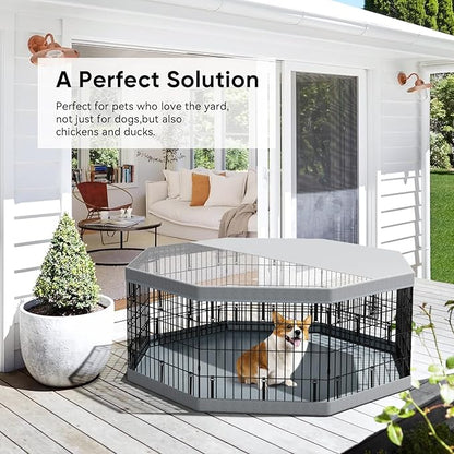 PJYuCien Dog Playpen with Top Cover and Bottom Pad - Metal Foldable Exercise Pen, 8 Panels 24" H x 24" W Indoor Outdoor Pet Fence Puppy Crate Kennel, Gray