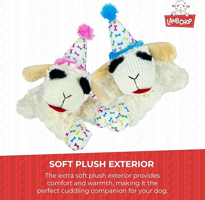 Multipet Lamb Chop Dog Plush Toy w/Birthday Hat - Squeaky Toy for All Dogs - Extra Soft Plush - Stuffed Animal for Cuddling & Playing (10.5", Blue Hat, 5 Squeakers)