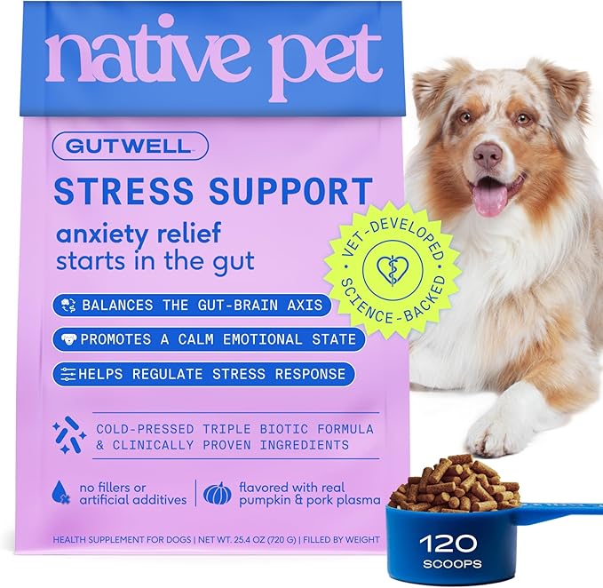 Native Pet GutWell Stress Support - Dog Anxiety Relief & Calming Supplement - Promotes Emotional Wellbeing, Regulates Stress Response & Balances Gut-Brain Axis - Triple-Biotic & Magnesium -120 Scoops