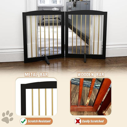 PUPETPO Freestanding Pet Gate for Dogs, Foldable Wooden Dog Gate for House, Stairs, Doorways, Step Over Pet Puppy Safety Fence,Support Feet Included,24" Height 2 Panels, Black&Gold