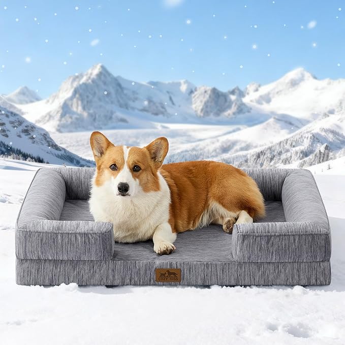 Cooling Dog Bed for Large Medium Size Dogs, Q-Max >0.4 Summer Cool Orthopedic Pet Sofa Bed with Sides, Bolster Anti-Slip Couch with Washable Removable Cover, L 36x27x6.5 inch, Dark Grey