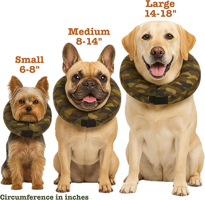 Comfy-K9 Camo Cone - Inflatable Dog Cone with Soft Camouflage Design, Adjustable Blow Up Donut, Machine Washable, Small Size Collar for Comfortable & Stylish Pet Recovery
