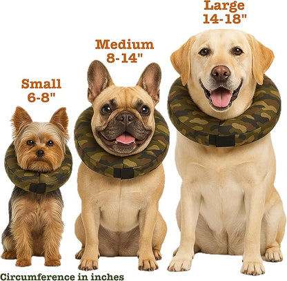 Comfy-K9 Camo Cone - Inflatable Dog Cone with Soft Camouflage Design, Adjustable Blow Up Donut, Machine Washable, Small Size Collar for Comfortable & Stylish Pet Recovery