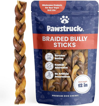 Pawstruck Natural 12" Braided Bully Sticks for Dogs - Long Lasting Rawhide Free Low Odor Single Ingredient Chew Treat for Aggressive Chewers - 1lb Bag