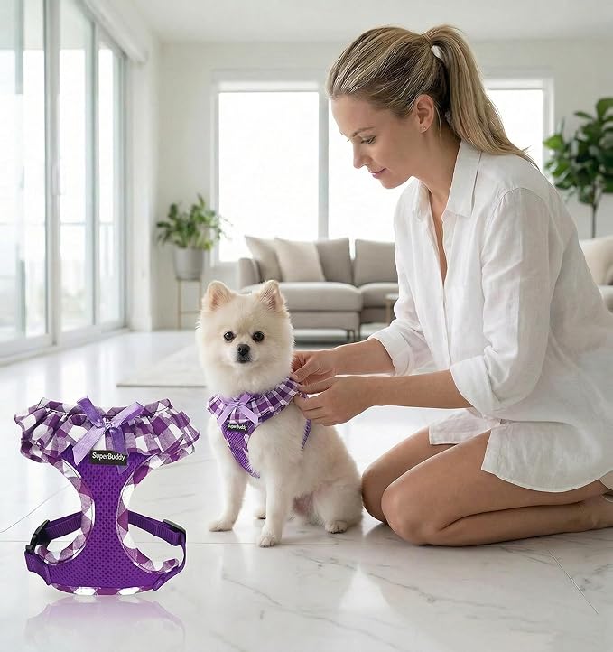 SuperBuddy Upgraded Soft Mesh Dog Harness, Super Breathable Lightweight Pet Harnesses for Puppy Dogs Outdoor Walking, Purple Dog Harness -Medium