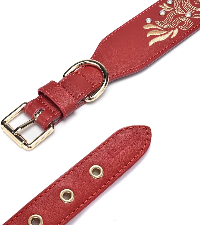 Blueberry Pet Western Leather Dog Collar - Genuine Leather with Floral Embroidery & Pearl Studs Adjustable 15-18 Inch Neck for Medium Dogs, Comfortable and Stylish Pet Collar