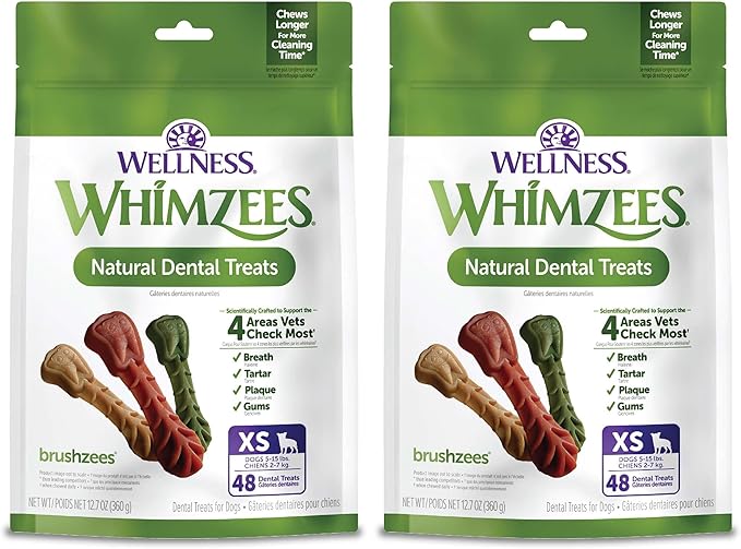 Wellness WHIMZEES Brushzees Dog Dental Treats,Extra Small Size Stick,48 Count (Pack of 2)