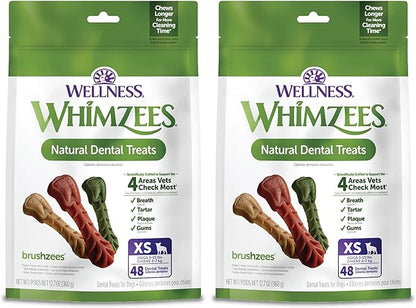 Wellness WHIMZEES Brushzees Dog Dental Treats,Extra Small Size Stick,48 Count (Pack of 2)