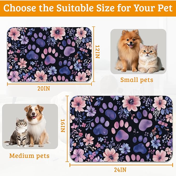 Paw Print Dog Food Mat,Watercolor Flower Absorbent Pet Feeding Mat for Food and Water Bowl,Quick Dry Dog Placemat Non Slip Rubber Backing Waterproof Pet Supplies 12" x 20"