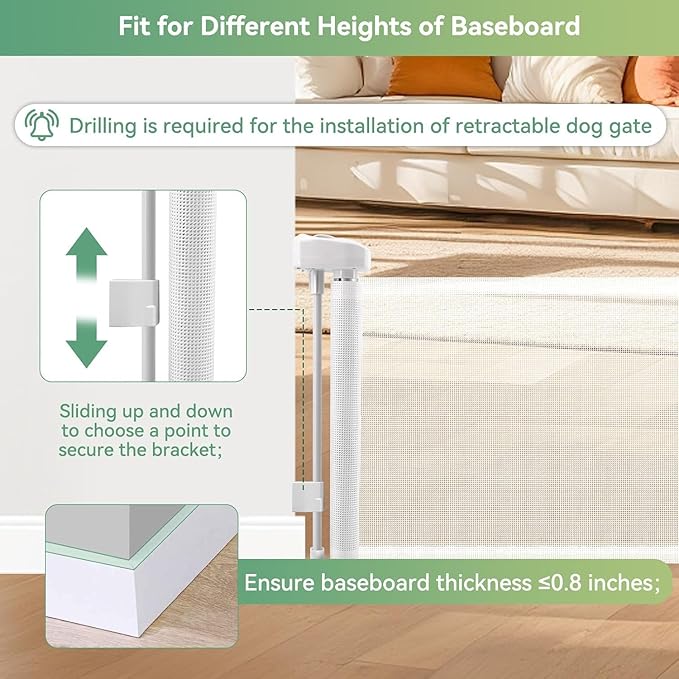 14" Tall Short Dog Gate to Step Over, Retractable Mesh Pet Door for Small Puppy, Extended up to 55" Wide for Indoor Stairs Doorways and Hallway(White)