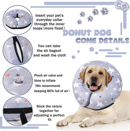 Recovery Donut Collar for Dogs & Cat,Inflatable Dog Cone Collar Alternative After Surgery,Soft Cone for Large Medium Small Dog,Adjustable Pet Neck Donut(Grey Star,Medium