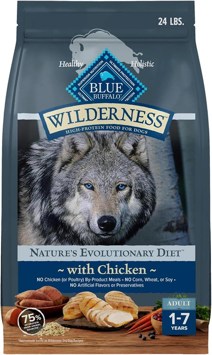 Blue Buffalo Wilderness Natural High-Protein Dry Food for Adult Dogs, Chicken Recipe, 24-lb. Bag