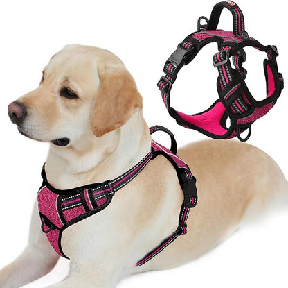 BARKBAY Dog Harness No Pull with ID Tag Pocket - Heavy Duty, Reflective, Easy Control for Large Dogs(Pink/Black,L)