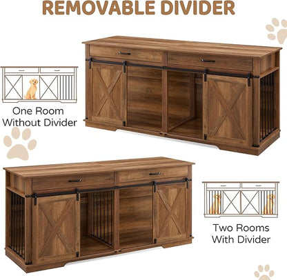 72.5" XXL Wooden Double Dog Crate Furniture for 2 Large Breeds, Farmhouse Barn Door, Removable Divider, Water Resistant with Built-in Drawers, Home Decor Pet Kennel, Rustic Oak