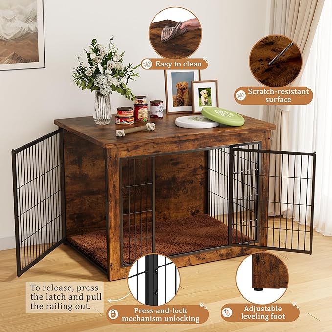 Greesum Modern Dog Crate Furniture That Doubles as a Side Table - Sturdy Wooden Kennel with Double Door Design, Equipped with Soft Cushion & Chew-Resistant Resign, Suitable for Dogs