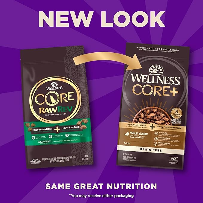 Wellness CORE+ Adult Dry Dog Food with Freeze Dried Pieces, Grain Free Kibble+, Natural, High Protein, Wild Game Duck, Lamb, Boar, and Rabbit Recipe, 10 lb Bag