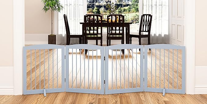 PUPETPO Freestanding Pet Gate for Dogs, Foldable Wooden Dog Gate for House, Indoor Dog Gate for Stair, Doorway, Gates for Dogs Indoor, 80 Inch Wide, 4 Panels 24", Grey