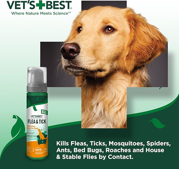 Vet's Best Natural Flea and Tick Waterless Bath for Dogs – No-Rinse Dry Foam Shampoo with Certified Essential Oils – Natural Flea Treatment with Plant-Based Ingredients – 8 oz Bottle – Made in USA