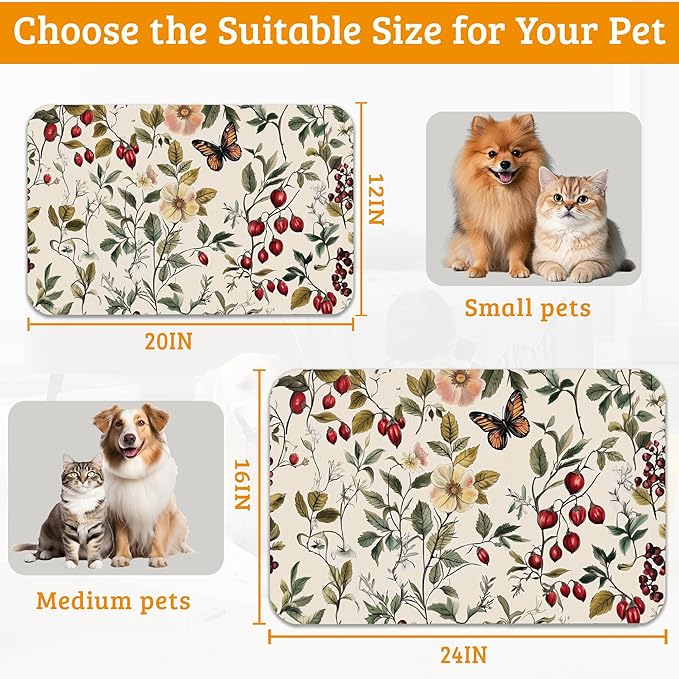 Butterfly Flower Dog Food Mat,Vintage Berry Absorbent Pet Feeding Mat for Food and Water Bowl,Quick Dry Dog Placemat Non Slip Rubber Backing Waterproof Pet Supplies 16" x 24"