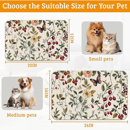 Butterfly Flower Dog Food Mat,Vintage Berry Absorbent Pet Feeding Mat for Food and Water Bowl,Quick Dry Dog Placemat Non Slip Rubber Backing Waterproof Pet Supplies 12" x 20"