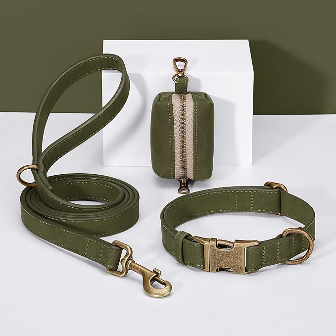 Didog Soft PU Leather Dog Collar, Stylish Quick Released Dog Collars for Medium Dogs, Easy Clean Adjustable Pet Collar for Daily Walking, Dark Green, M Fit 14-18" Neck