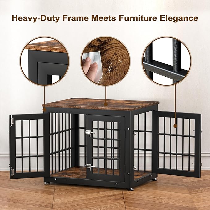 rehomerance 26 Inch Heavy Duty Dog Crate Furniture for Small Dogs, Decorative Pet House End Table, Wooden Cage Kennel Furniture Indoor, Rustic Brown
