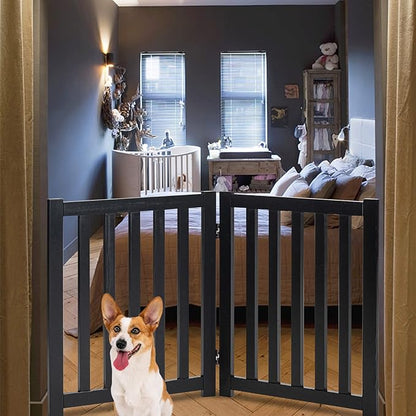 LZRS 2-Panel Wooden Free Standing Foldable Dog Gate Indoor – Solid Hardwood 24" High, Step-Over Safety Pet Gate for Doorways, Stairs & Small Spaces - Indoor Use, Black