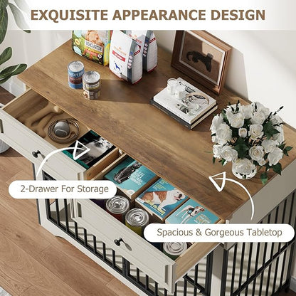 QUW 42" Modern Dog Crate Furniture, Wooden Dog Kennel for Medium to Large with 360° Rotating & 3-Levels Adjustable Height Dogs Bowl Holder, Decorative Dogs cage Pet House Indoor, Antique White
