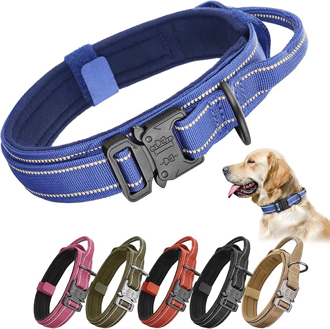 KCUCOP Tactical Dog Collar for Medium & Large Dogs - Military Nylon Heavy Duty Collar with Handle, Reflective Strip & Metal Buckle for Training, Outdoor (Dark Blue Reflective, Large)