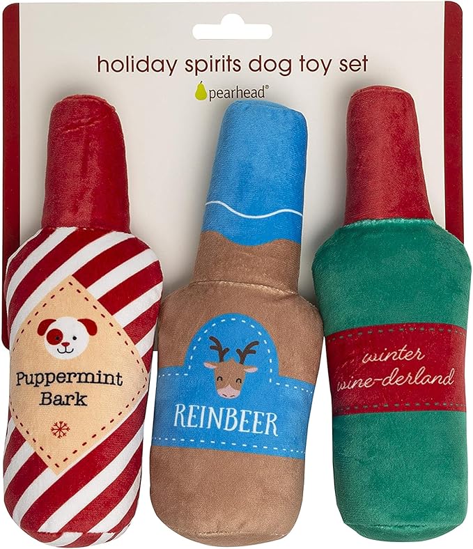 Pearhead Holiday Spirits Dog Toy Set, Spirits Themed Plush Dog Toys, Squeaky Dog Toys, Set of 3