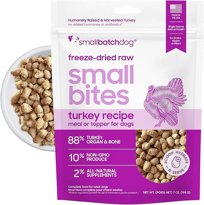 smallbatch Pets Freeze-Dried Raw Dog Food – Turkey Recipe – 7oz Small Bites – High Protein, Grain Free – Complete Meal or Topper – Made in USA with Organic Superfoods7 Oz, Turkey