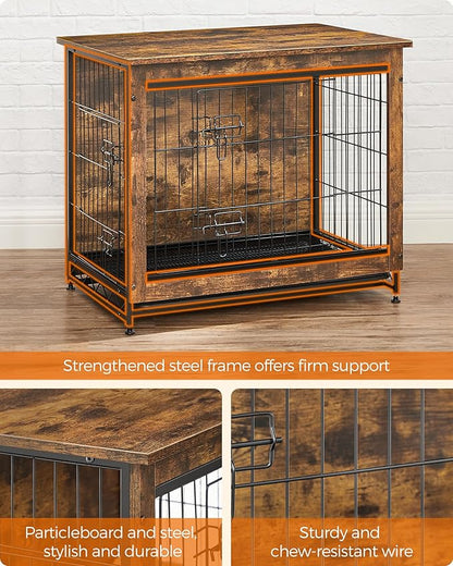 Feandrea 27.2" Dog Crate Furniture, Indoor Dog Cage Side End Table, M Pet Wood Kennel for Medium and Small Dogs up to 30 lb with Multi-Purpose Removable Tray, Double-Door Pet House, Rustic Brown