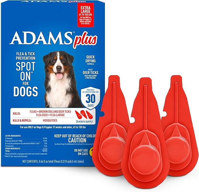 ADAMS Plus Flea & Tick Prevention Spot On for Dogs, Extra Large Dogs, Kills Fleas & Ticks (Brown Dog/Deer Ticks), Kills and Repels Mosquitoes, Prevents Flea Infestations, 3-Month Supply, 3 Pack