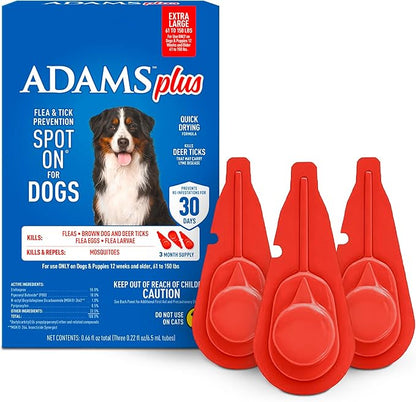 ADAMS Plus Flea & Tick Prevention Spot On for Dogs, Extra Large Dogs, Kills Fleas & Ticks (Brown Dog/Deer Ticks), Kills and Repels Mosquitoes, Prevents Flea Infestations, 3-Month Supply, 3 Pack