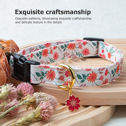 Cotton Handmade Dog Collar Cute and Distinctive Patterns Red and White Flower with Pendant for Girl Boy Dogs Collars L