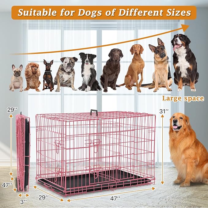 Dog Crate for Large Medium Dogs Folding Dog Kennel Cage with Plastic Tray & Divider 48" Indoor Outdoor Metal Double Door Pet Playpen Heavy Duty Dog Pen Enclosure Pink